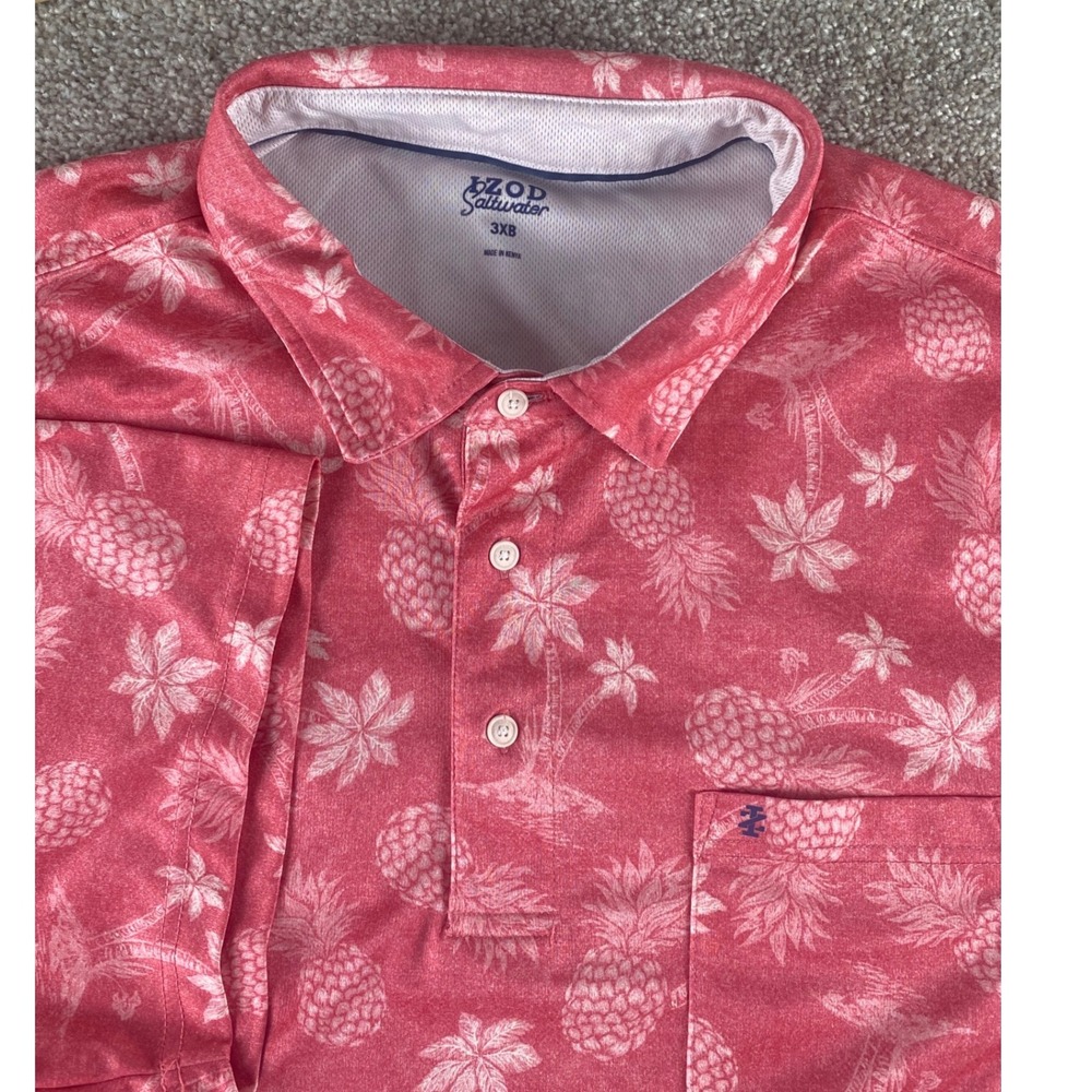 IZOD Saltwater Mens 3XB Red Pineapple Palm Tree Tropical Polo Shirt Big & Tall